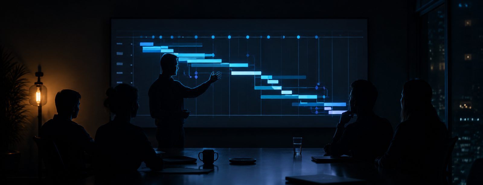 Dark conference room: a presenter walks a team through a glowing project schedule on a large screen
